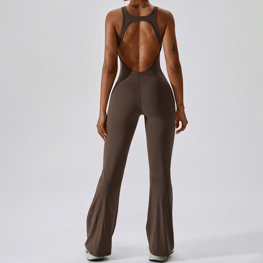 Coffee Solid Flare Long Spandex Cutout Back