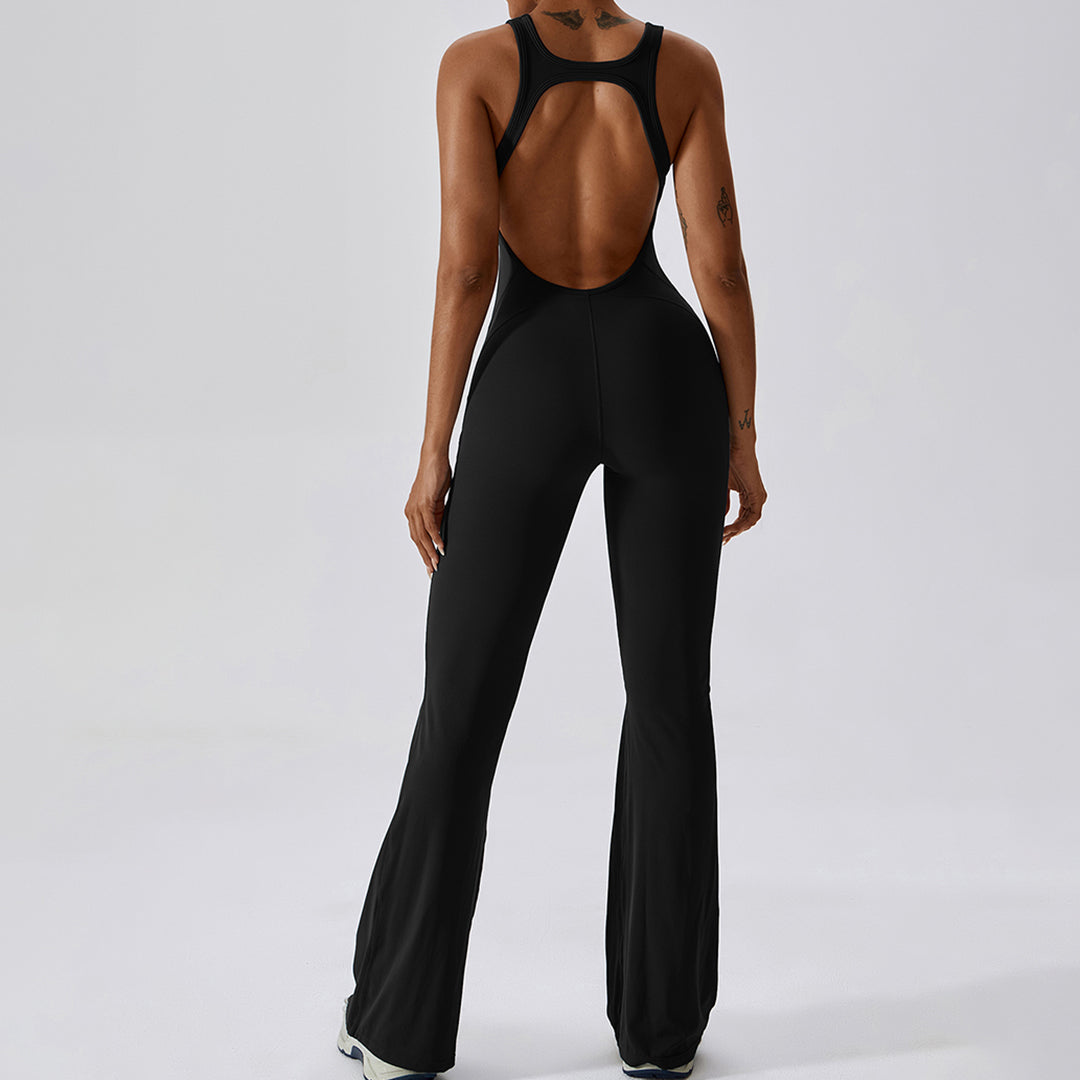 Black Solid Flare Long Spandex Cutout Back