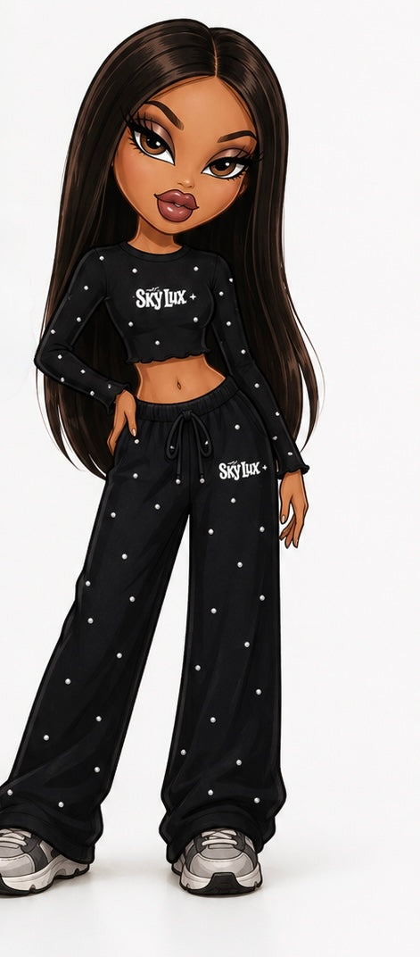 MIDNIGHT ALL OVER RHINESTONE FLOWY PANTS