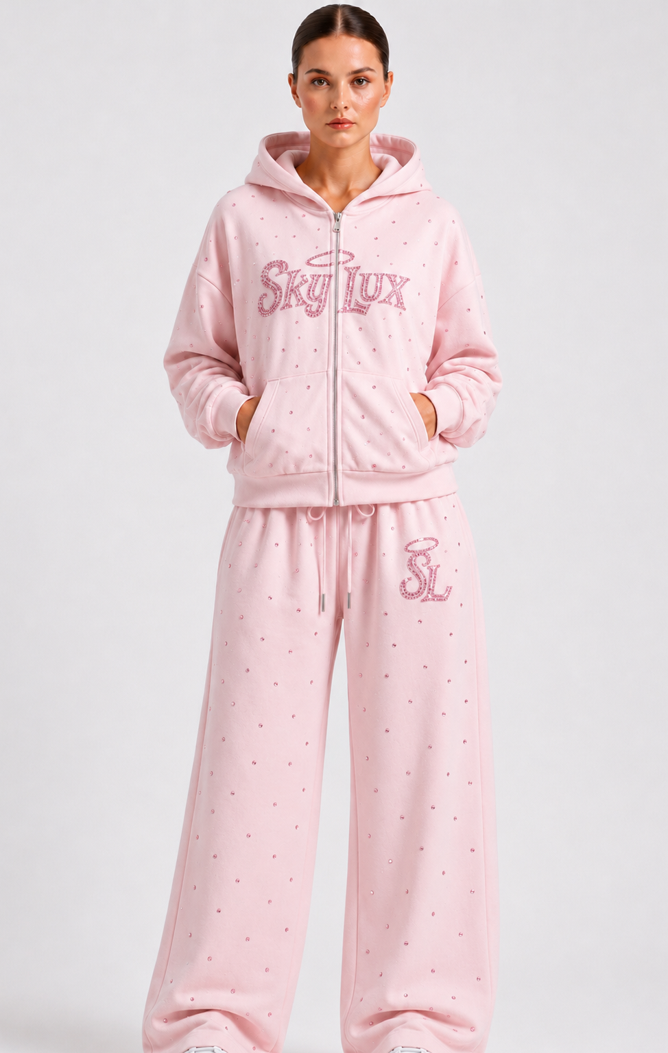 OFF DUTY RHINESTONE ZIP HOODIE- PINK