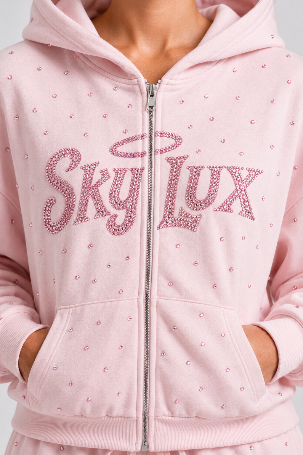 OFF DUTY RHINESTONE ZIP HOODIE- PINK