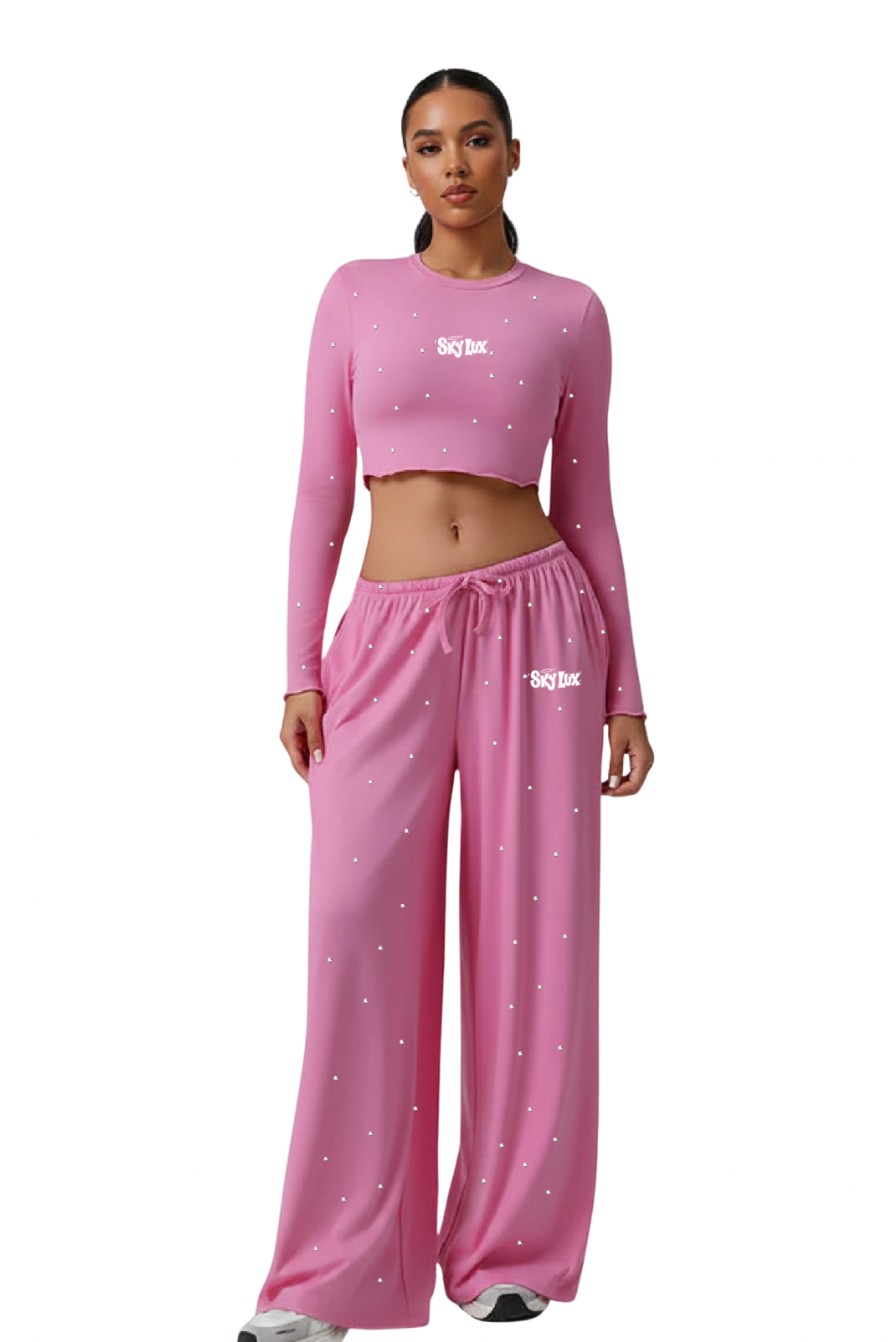 PINK ALL RHINESTONE FLOWY CROPPED LONG SLEEVE