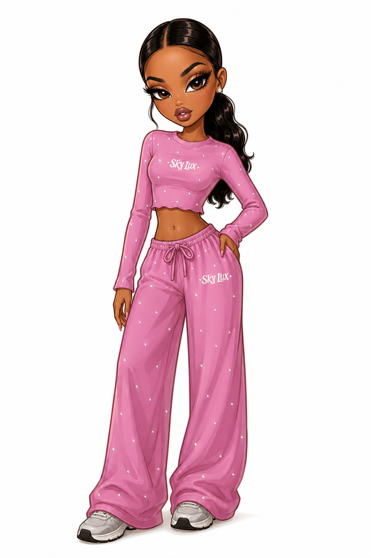 PINK ALL RHINESTONE FLOWY CROPPED LONG SLEEVE