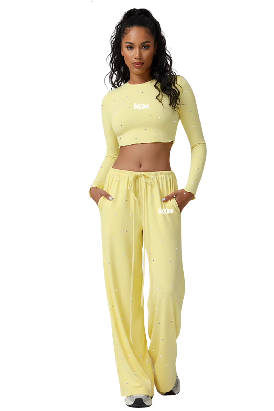 SUN RISE ALL OVER RHINESTONE 
 FLOWY PANTS