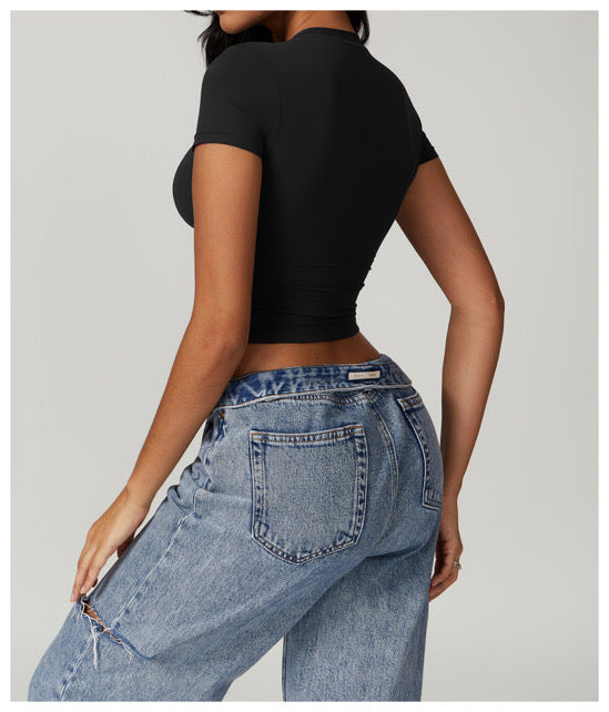 Jet Black Tight-Fitted Crop Shirt