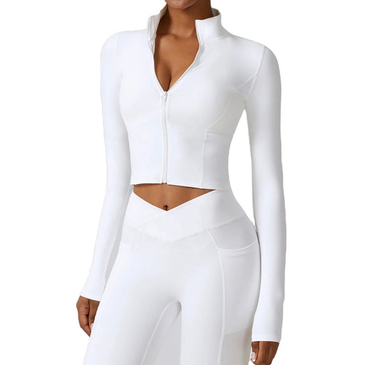 Soft White Solid Zip Up Sweater