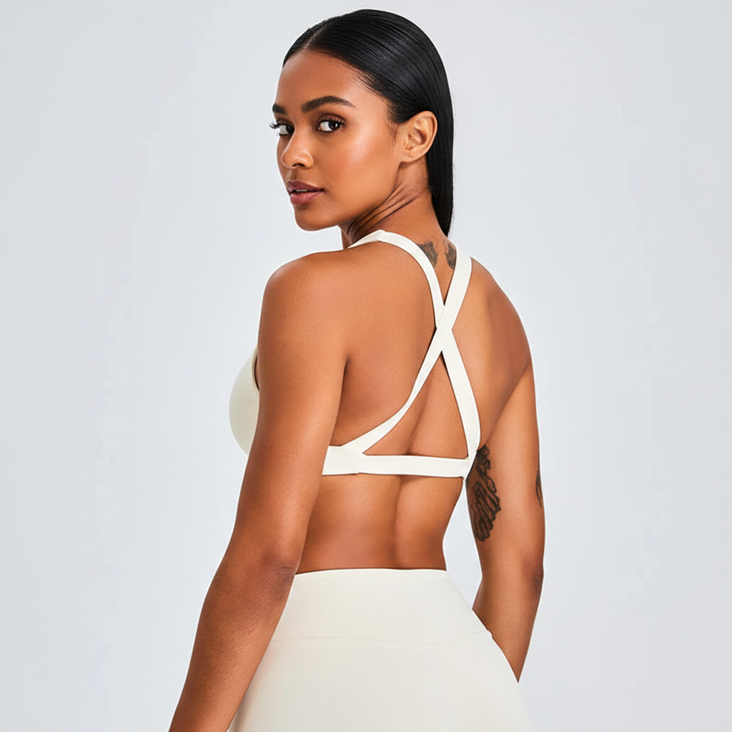 Back – cream cross-back sports bra with face