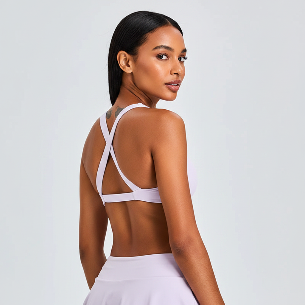 Back – lavender cross-back, no tattoos, with face