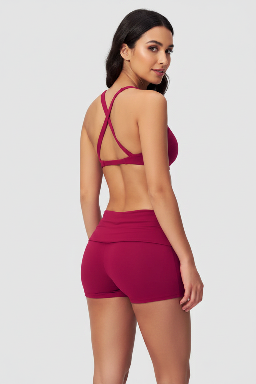 Back – magenta cross-back sports bra with face