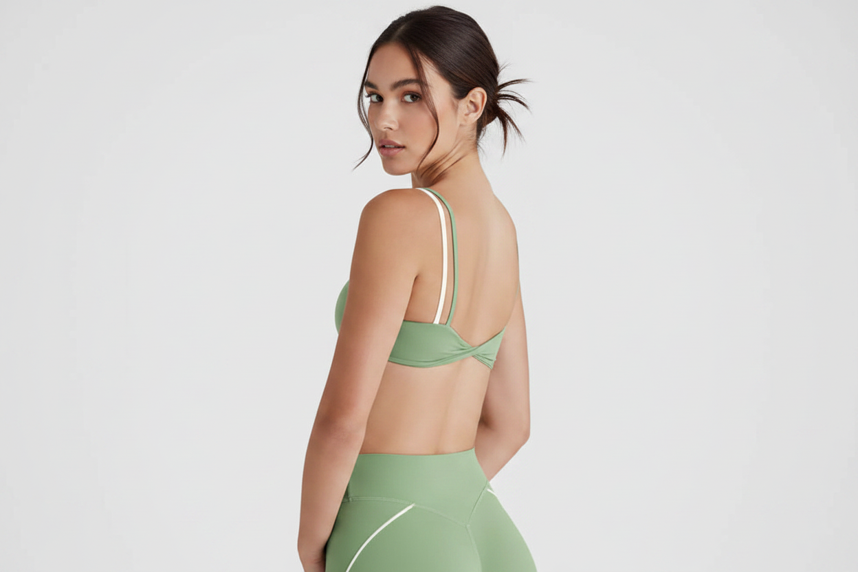 Back view with face - sage green double strap sports bra