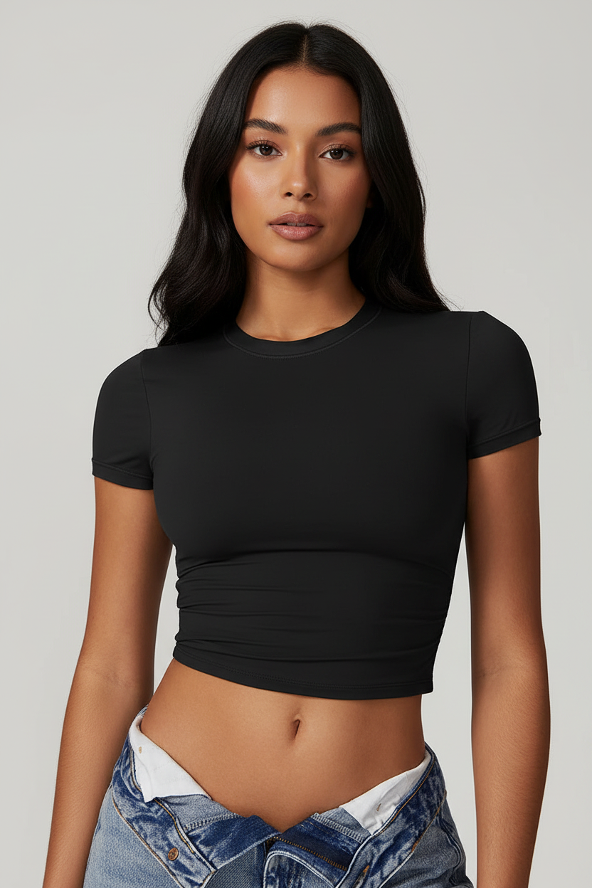 Black Crop Tee - Model with Face