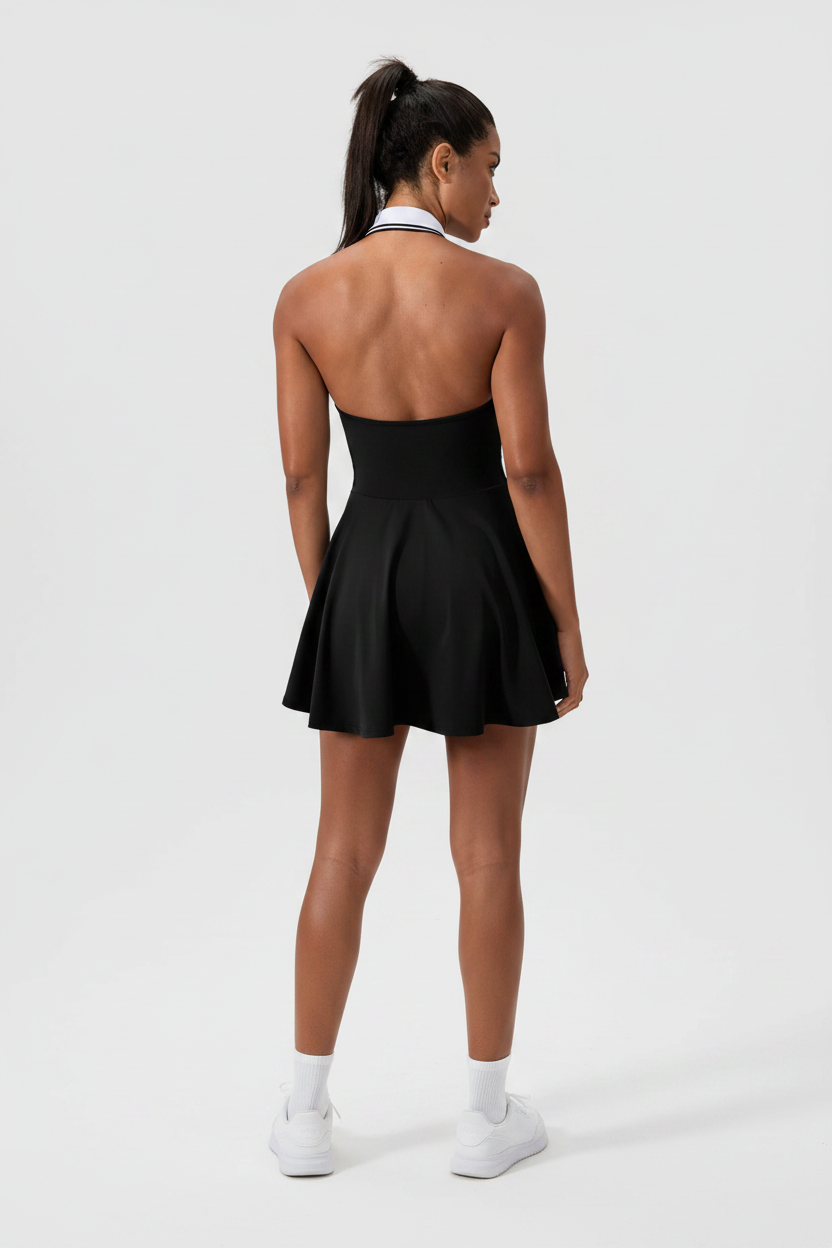 Black Halter Tennis Dress - Back View with Model