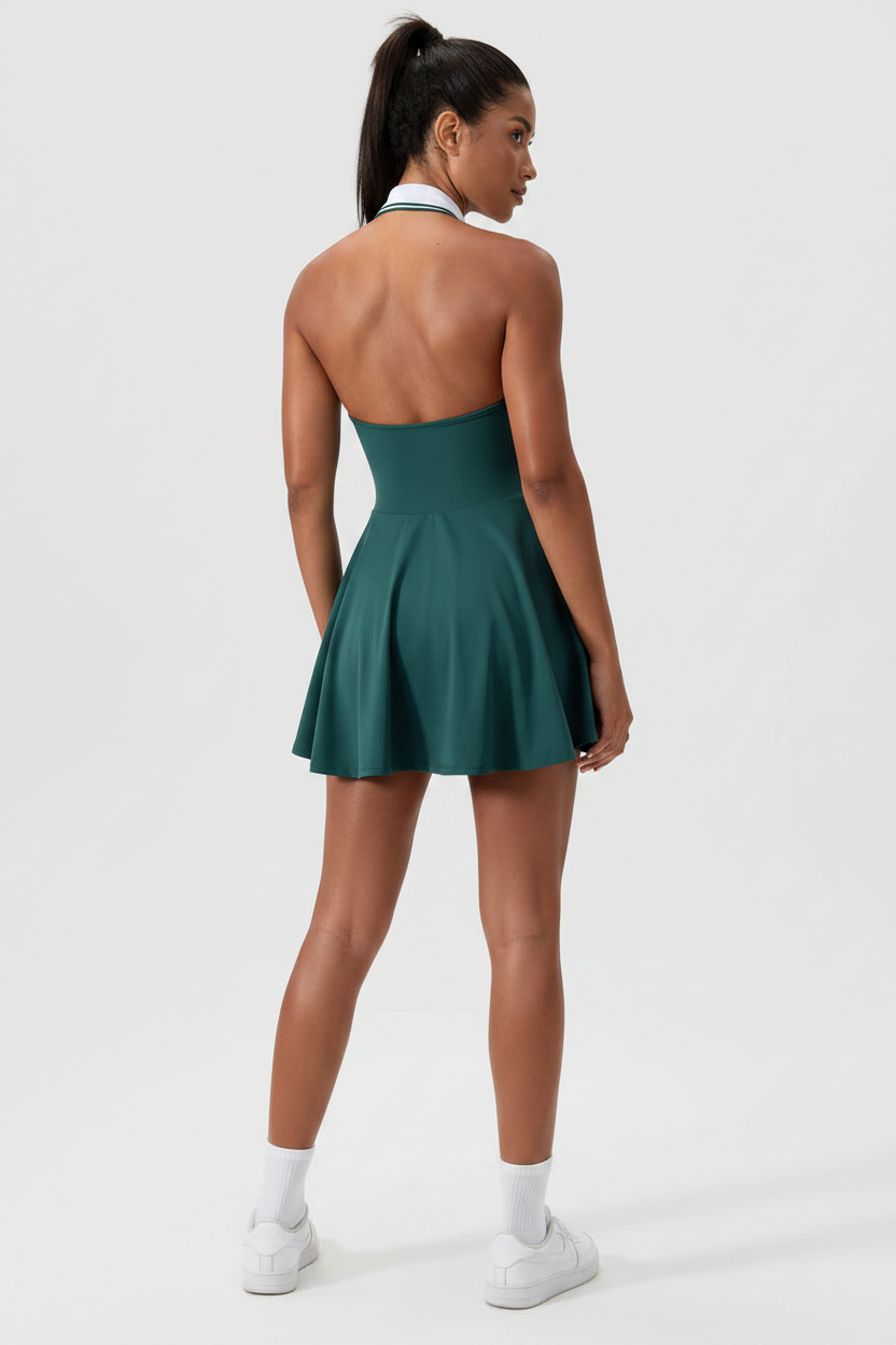 Forest Green Halter Tennis Dress - Back View with Model