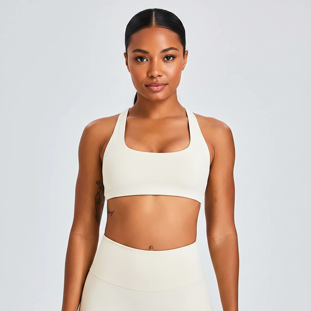 Front – cream cross-back sports bra with face