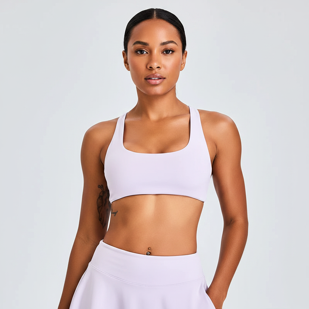 Front – lavender cross-back sports bra with face