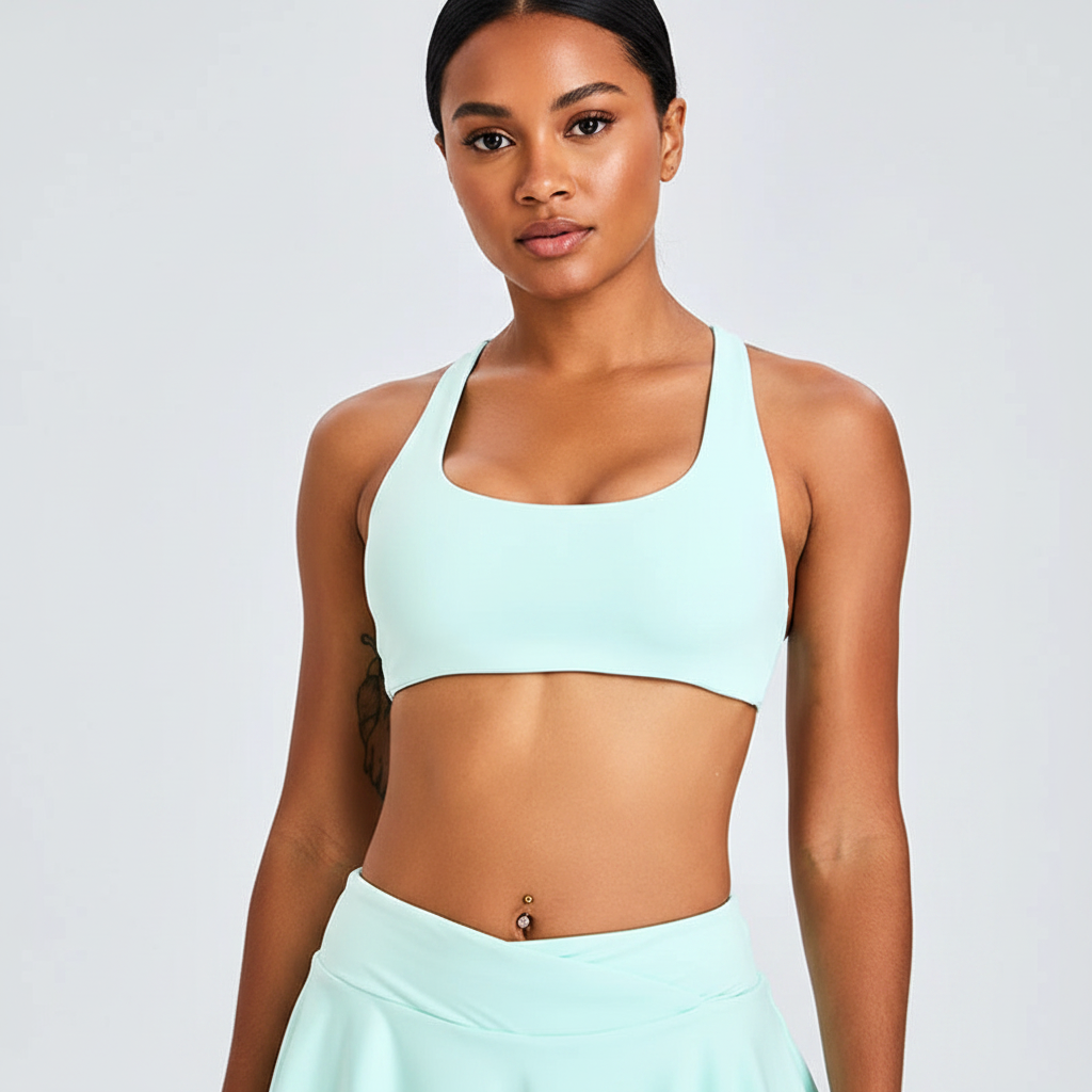 Front – mint cross-back sports bra with face