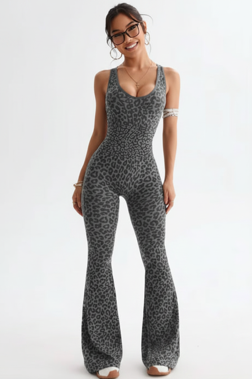 Grey Leopard Jumpsuit with Model Face