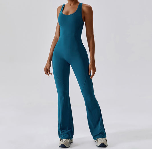 Teal Solid Flare Long Spandex Cutout Back Jumpsuit