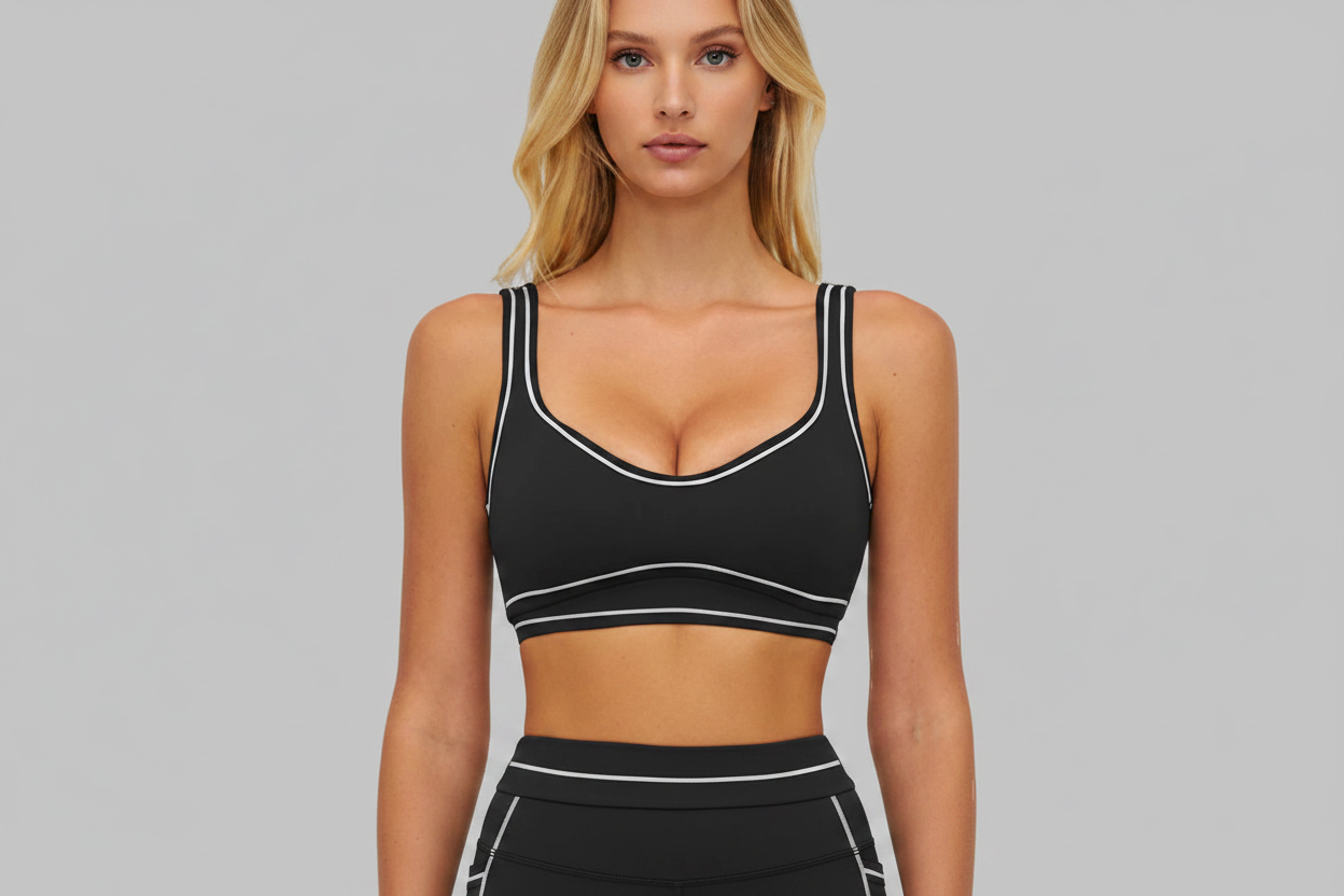Model with face - black piping activewear set