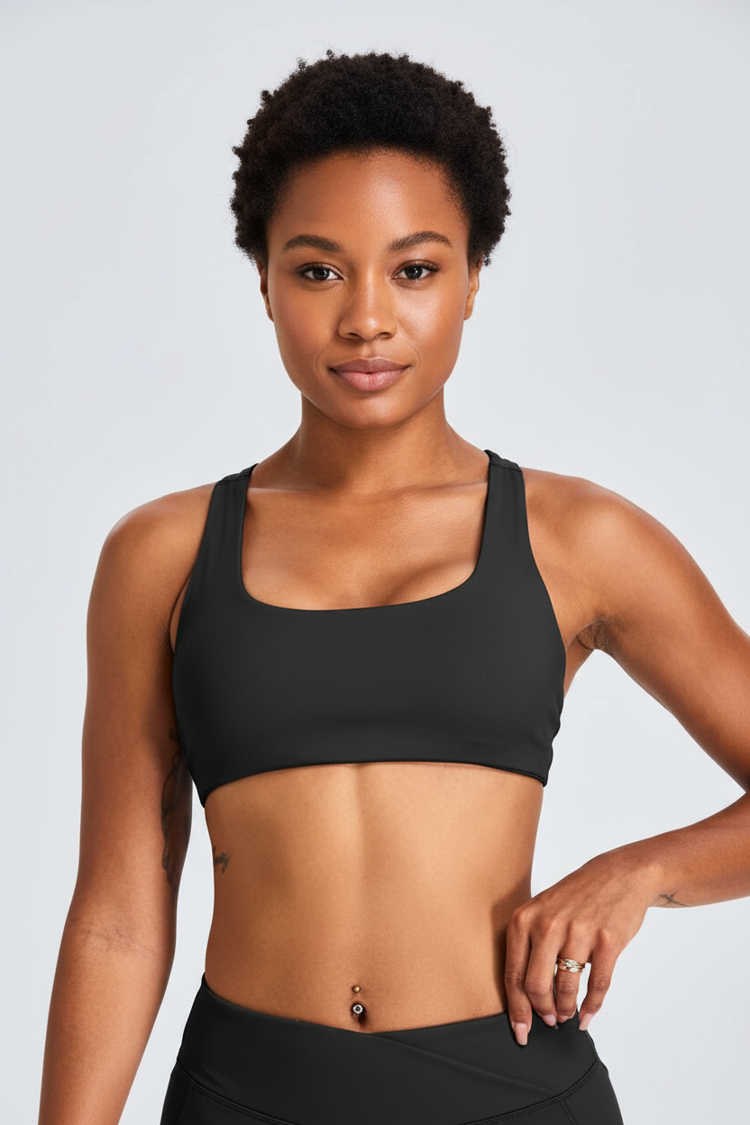 Model with face – black square-neck sports bra