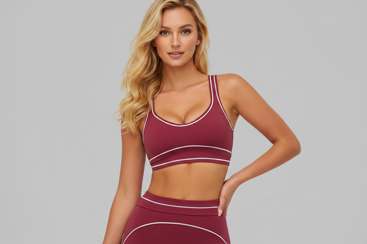 Model with face - burgundy piping activewear set