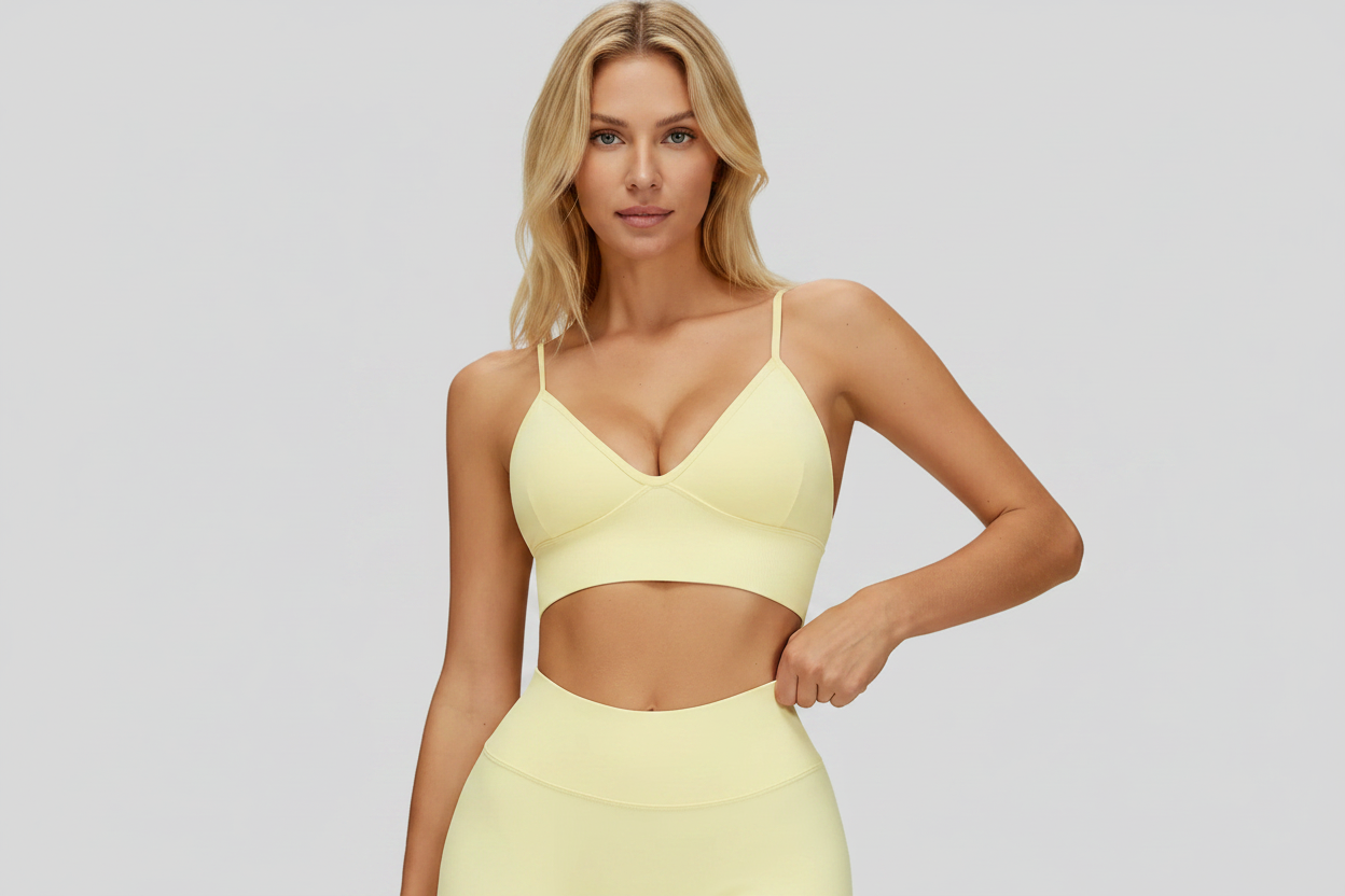 Model with face - butter yellow activewear set