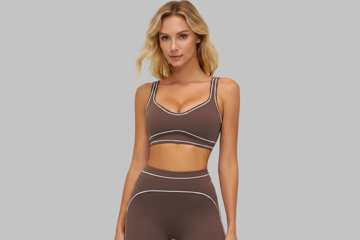 Model with face - chocolate brown piping activewear set
