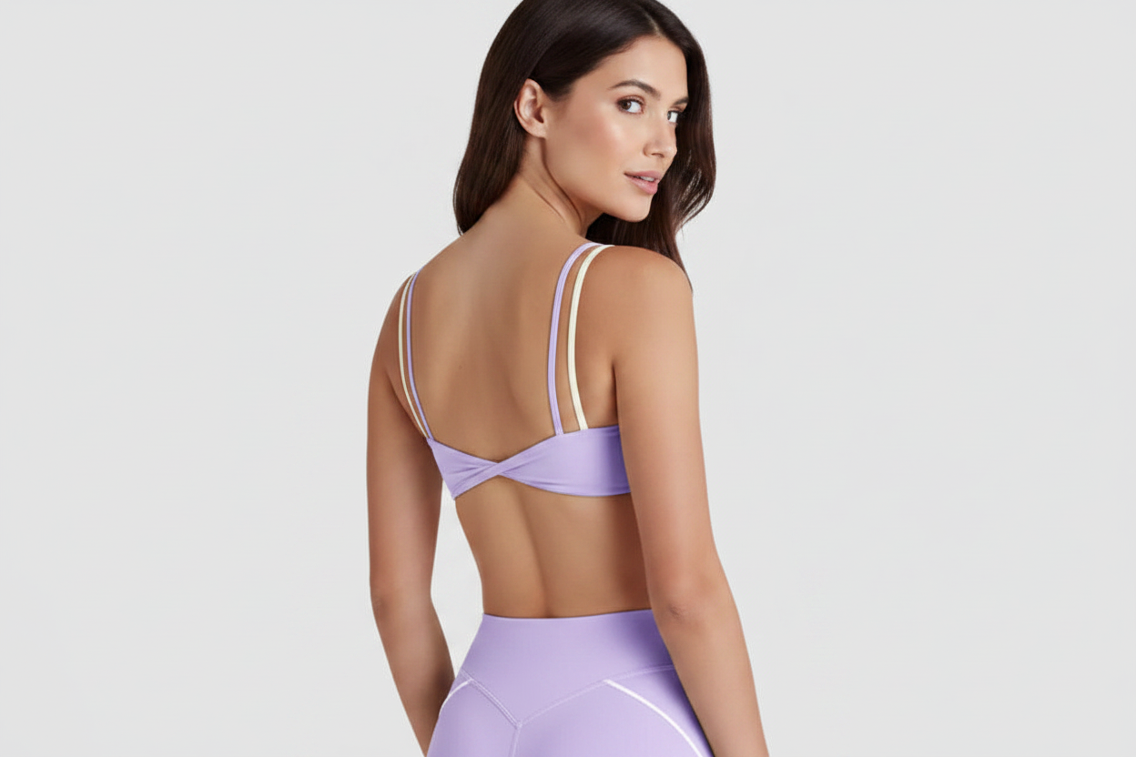Model with face - lavender double strap sports bra back