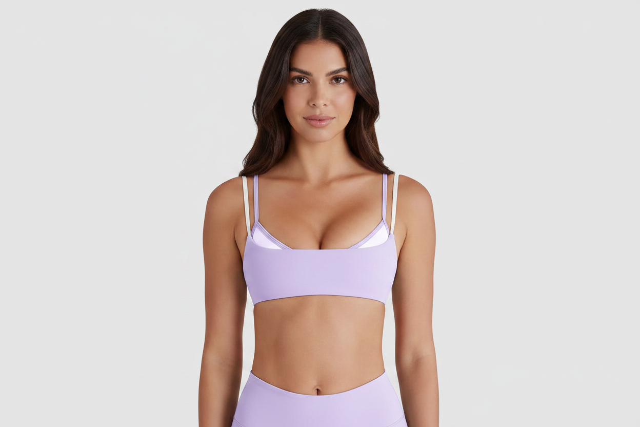 Model with face - lavender double strap sports bra front