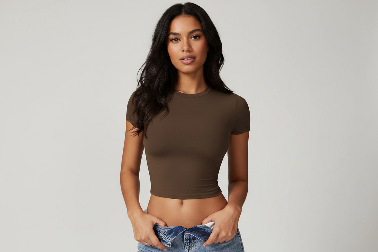 Model with face - mocha crop tee