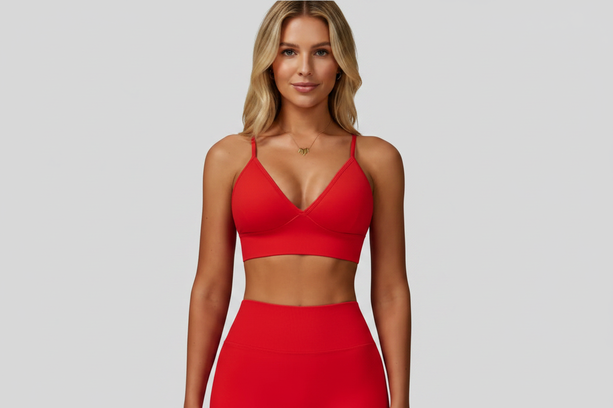 Model with face - red activewear set