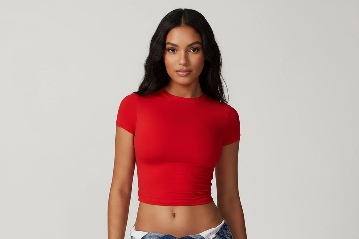 Model with face - red crop tee