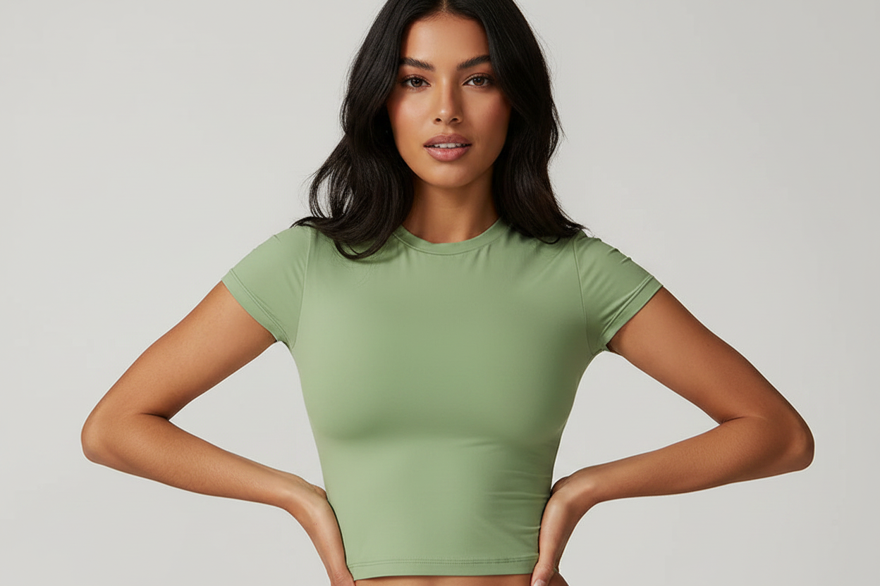 Model with face - sage green crop tee