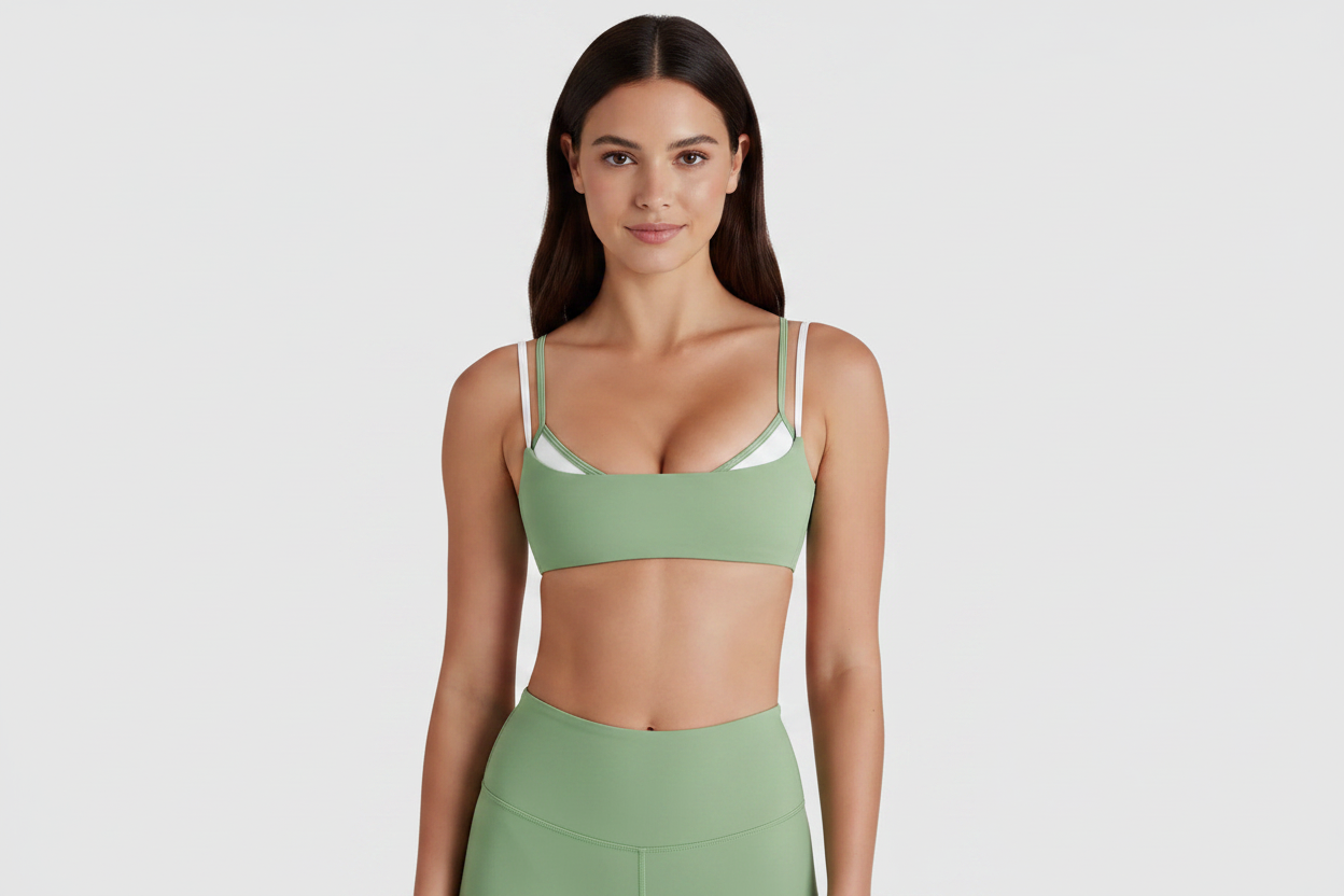 Model with face - sage green double strap sports bra