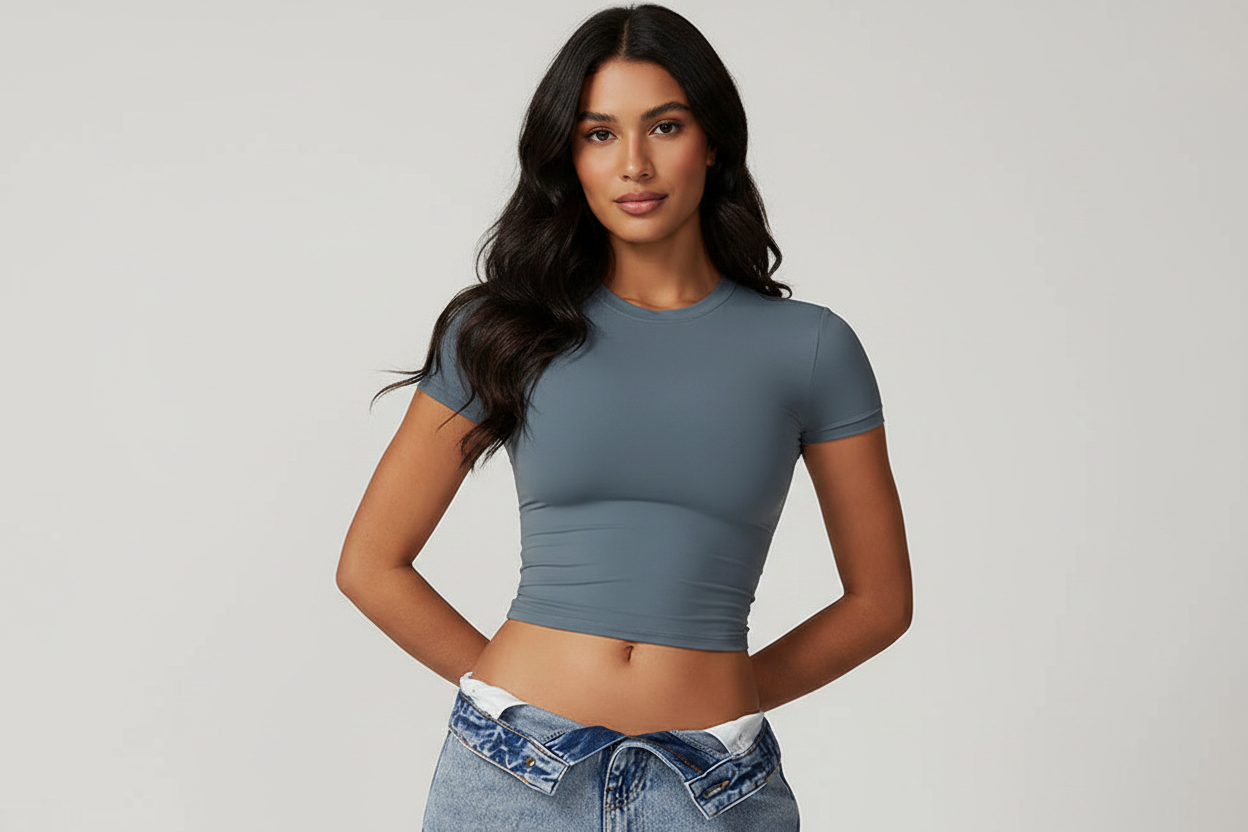 Model with face - slate blue crop tee