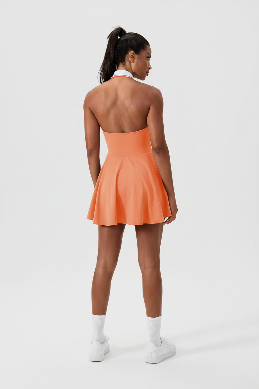Orange Halter Tennis Dress - Back View with Model