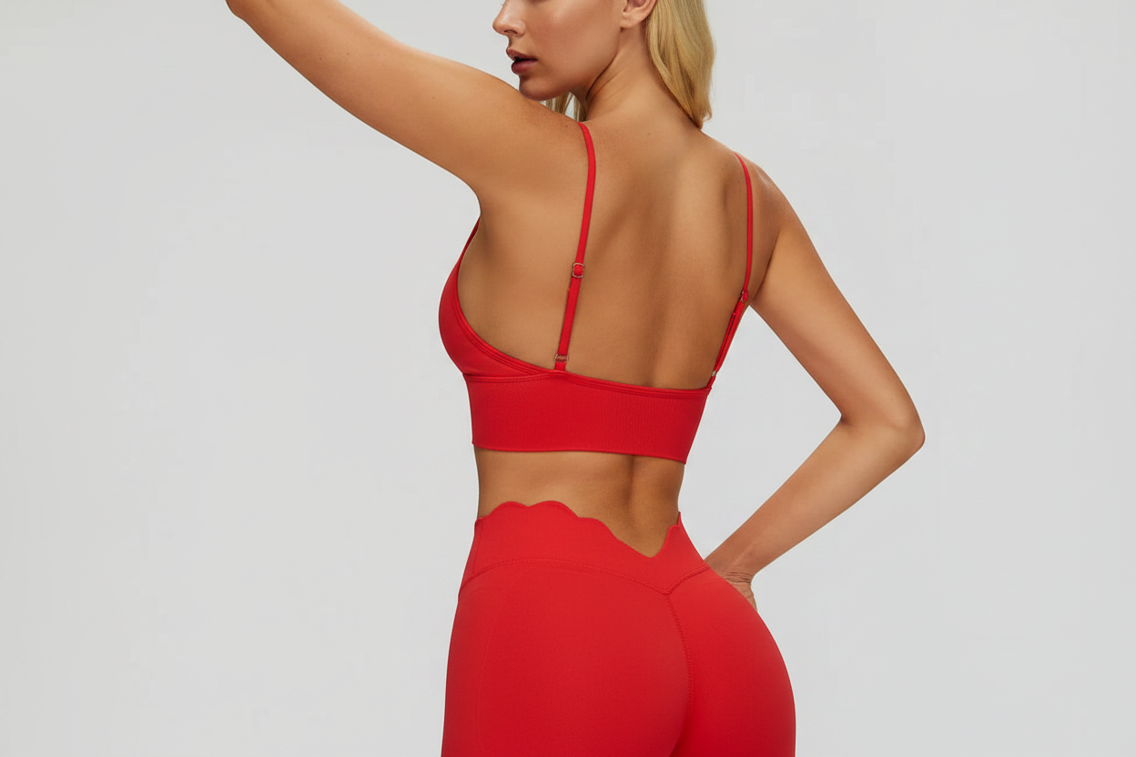 Red activewear set back view with face