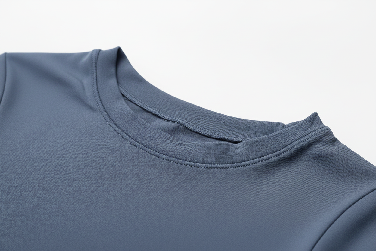 Slate blue crop tee neckline detail