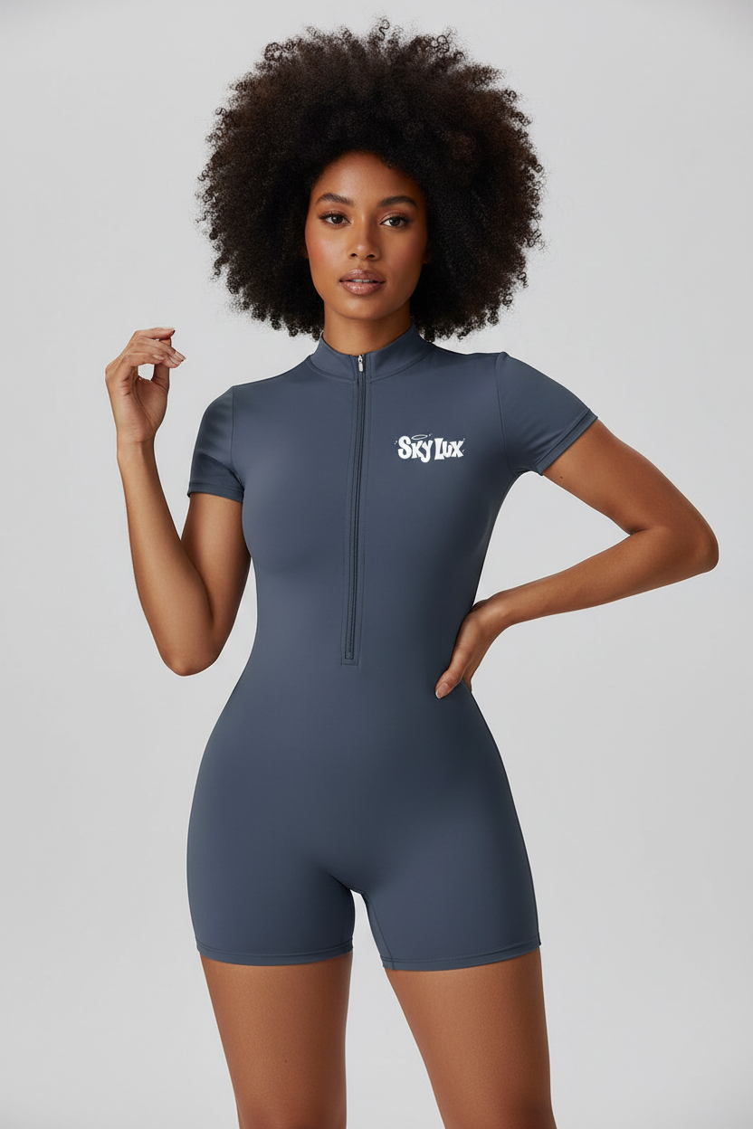 Slate Blue Gray SkyLux Romper - With Model