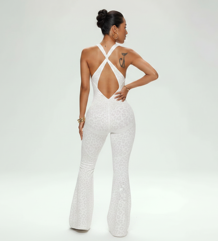 White Flare Jumpsuit Back Pose