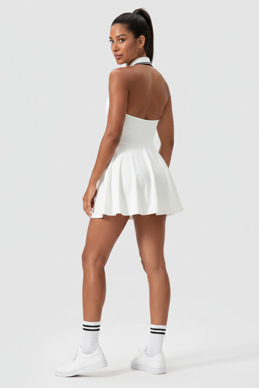 White Halter Tennis Dress - Back View with Model
